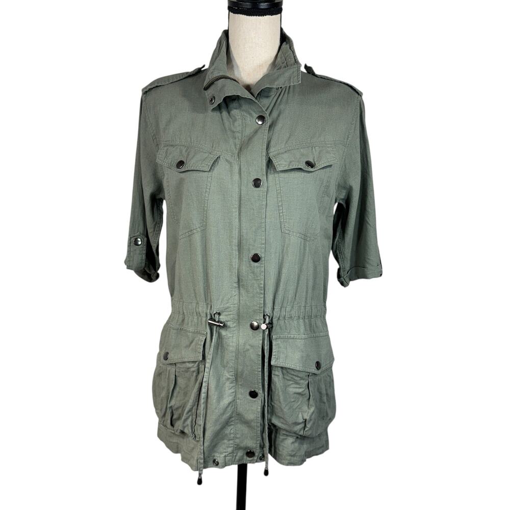 Rails Small Devin Utility Jacket Linen Blend Full-Zip Pockets 3/4 Sleeves Green